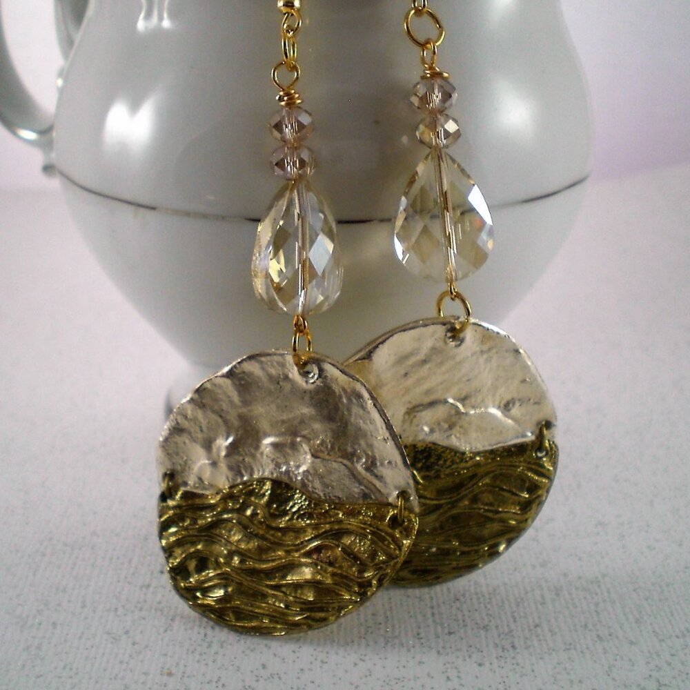 Gold/Silver Crystal Disc Dangle Earrings - Picture 4 of 5